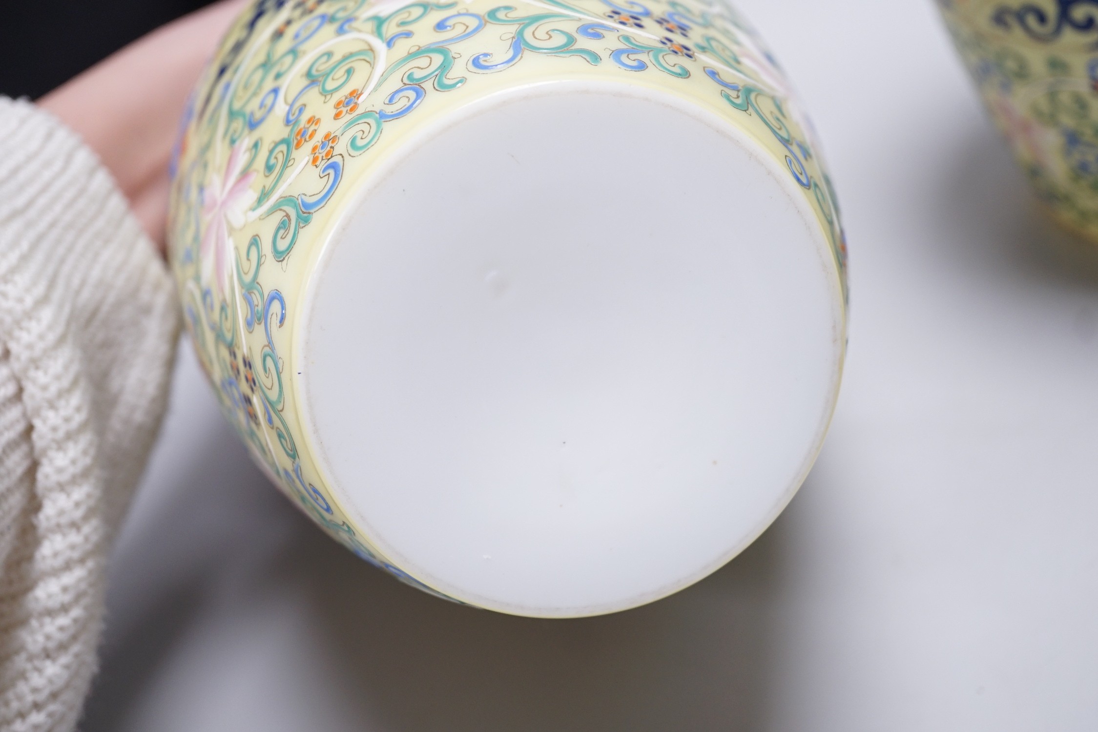 A pair of French enamelled glass vases, Persian inspired, 25.5cm